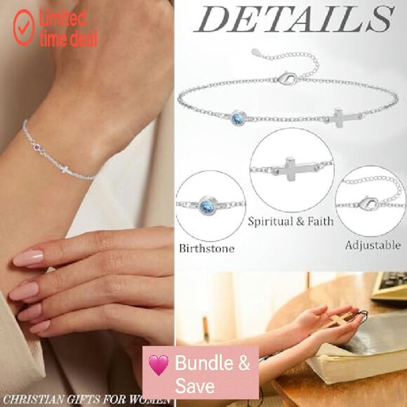 Dainty Gold Cross Bracelet with Birthstone, 6.5" + 2" Extender - Picture 5 of 8